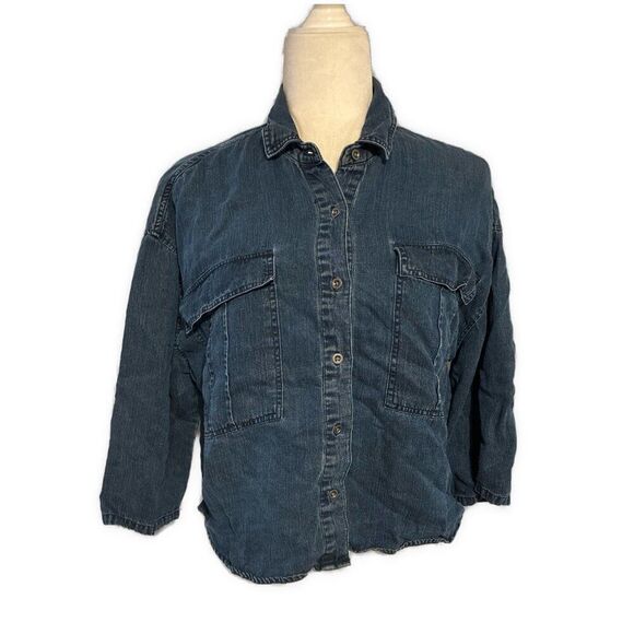 Rails Solid Medium Blue Denim Jean Button Down Top Crop Oversized Small - Picture 1 of 6